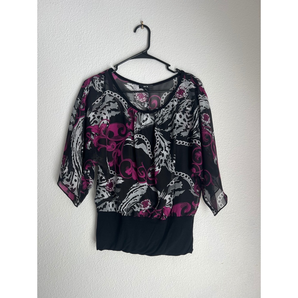BCX Blouse Medium Black Purple Floral Print Chain Sheer Top‎